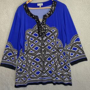 JM Collection Coastal Resort Cruise Tunic Blouse Top 2XL Blue Black Sequin XXL